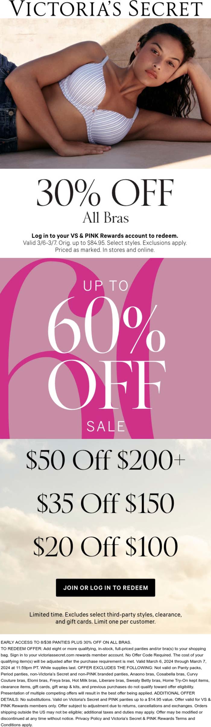 Victorias Secret stores Coupon  30% off bras + $20-$50 off $100+ logged in today at Victorias Secret #victoriassecret 