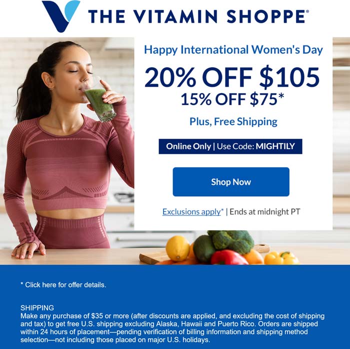 The Vitamin Shoppe stores Coupon  25% off online today at The Vitamin Shoppe via promo code MIGHTILY #thevitaminshoppe 