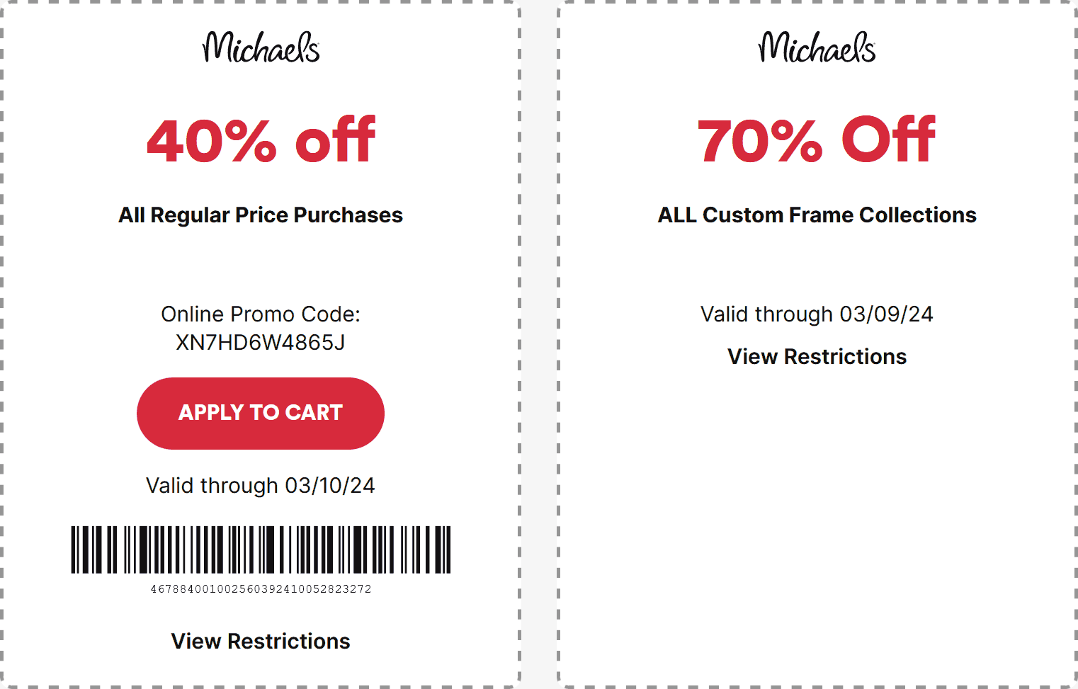 Michaels stores Coupon  40% off a single item at Michaels, or online via promo code XN7HD6W4865J #michaels 