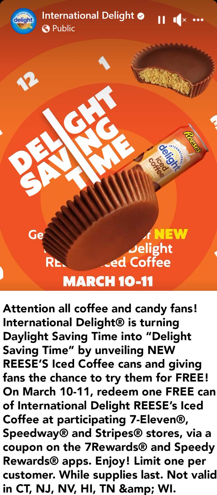 7-Eleven restaurants Coupon  Free can of Reeses iced coffee at 7-Eleven Speedway & Stripes gas stations #7eleven 