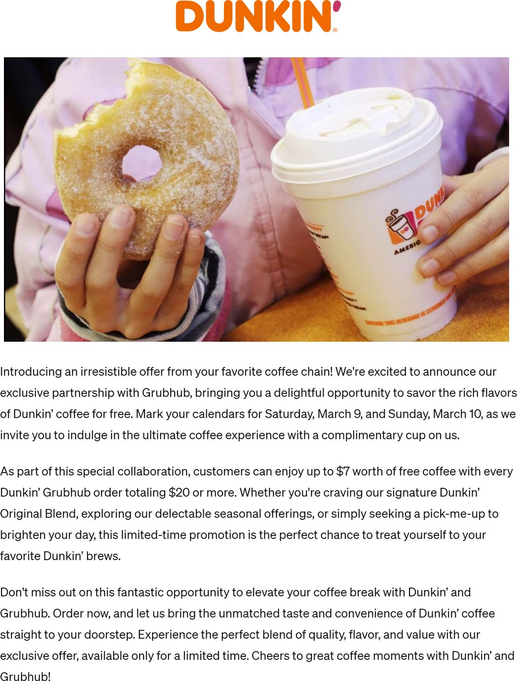 Dunkin restaurants Coupon  Free coffee on $20 delivery at Dunkin Donuts #dunkin 