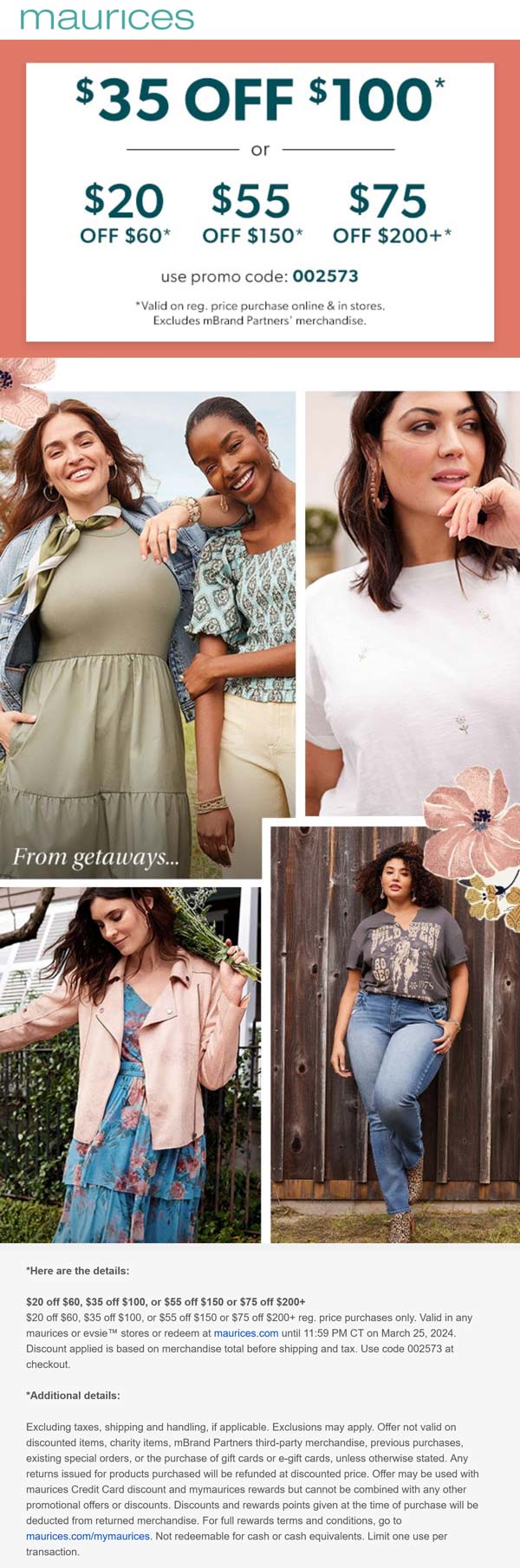 Maurices stores Coupon  $20-$75 off $60+ at Maurices, or online via promo code 002573 #maurices 