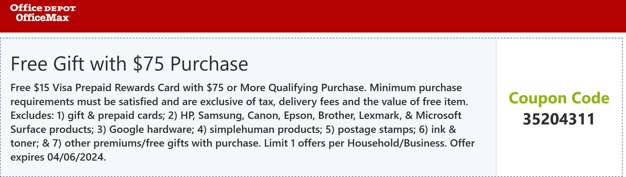 Office Depot stores Coupon  $15 cash card free on $75 at Office Depot OfficeMax via promo code 35204311 #officedepot 