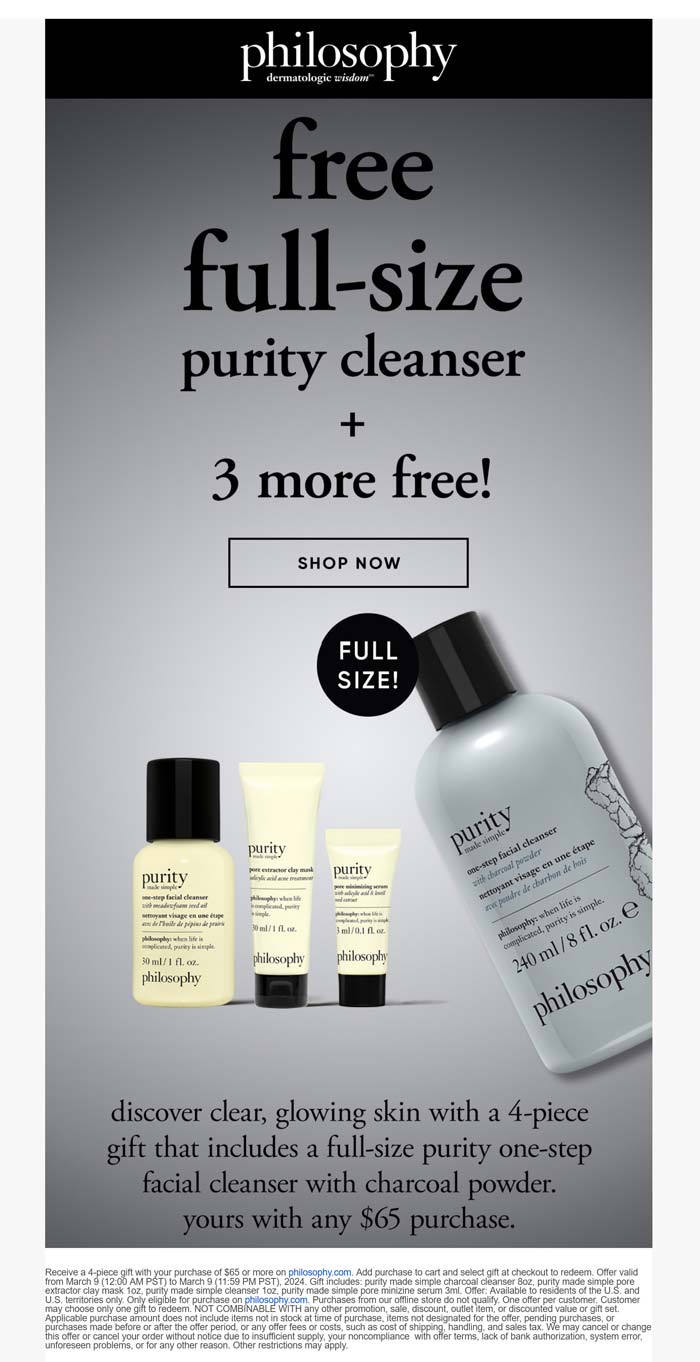 Philosophy stores Coupon  Free full size + 3pc set on $65 today online at Philosophy #philosophy 