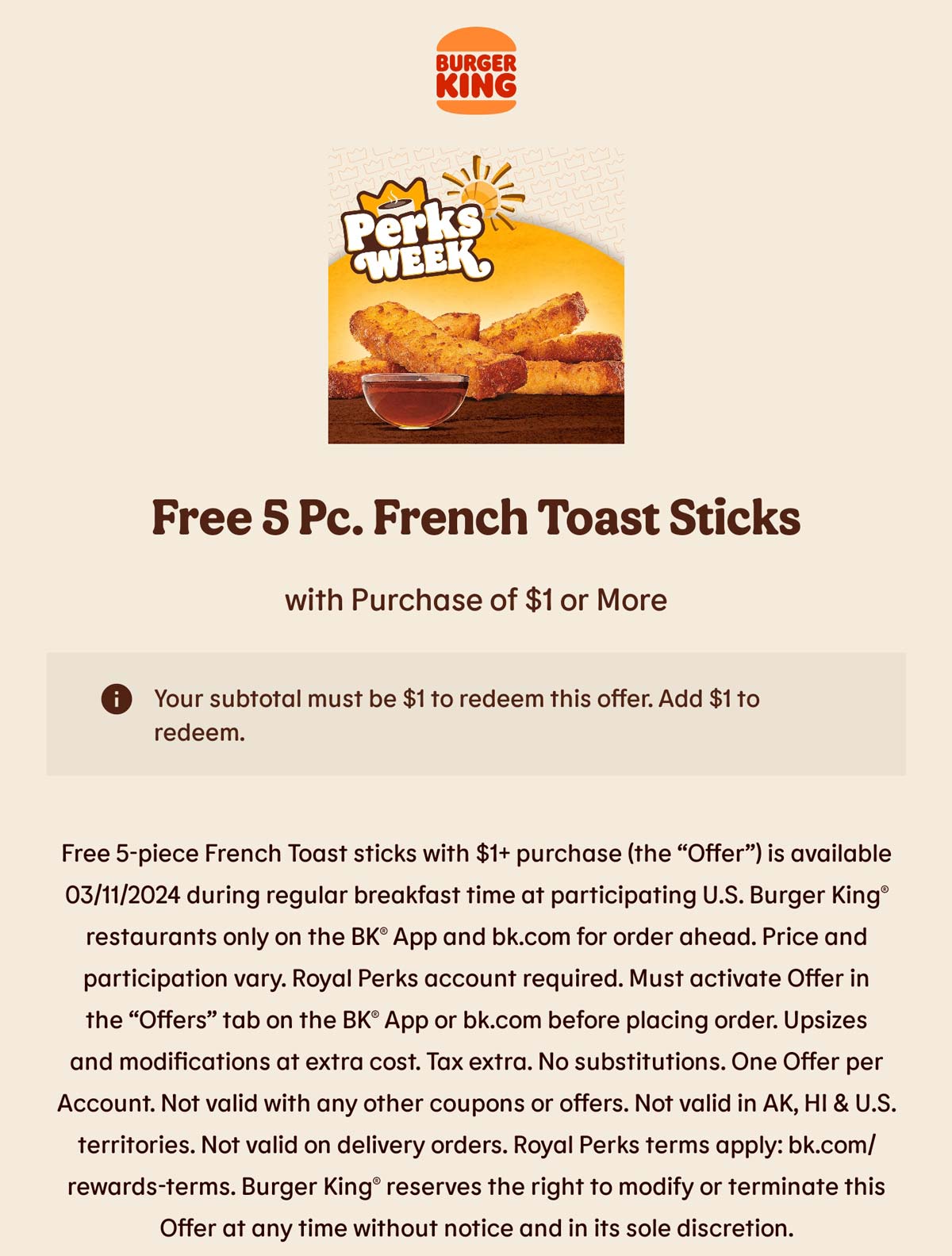 Burger King restaurants Coupon  Free 5pc french toast sticks on $1 today at Burger King restaurants #burgerking 