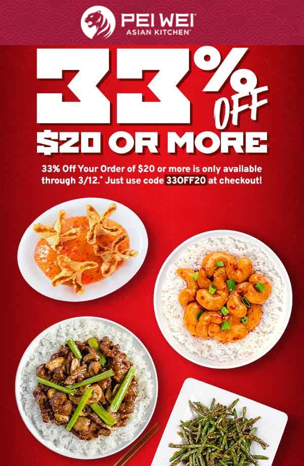 Pei Wei restaurants Coupon  33% off $20 today at Pei Wei Asian kitchen via promo code 33OFF20 #peiwei 