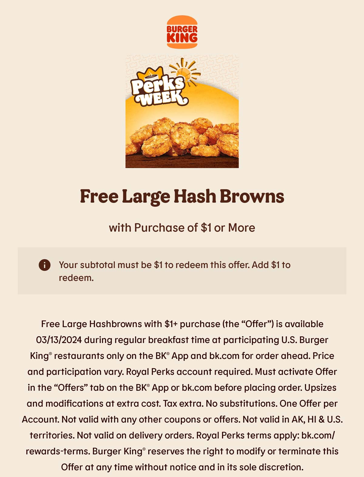 Burger King restaurants Coupon  Free large hash browns on $1 today at Burger King restaurants #burgerking 