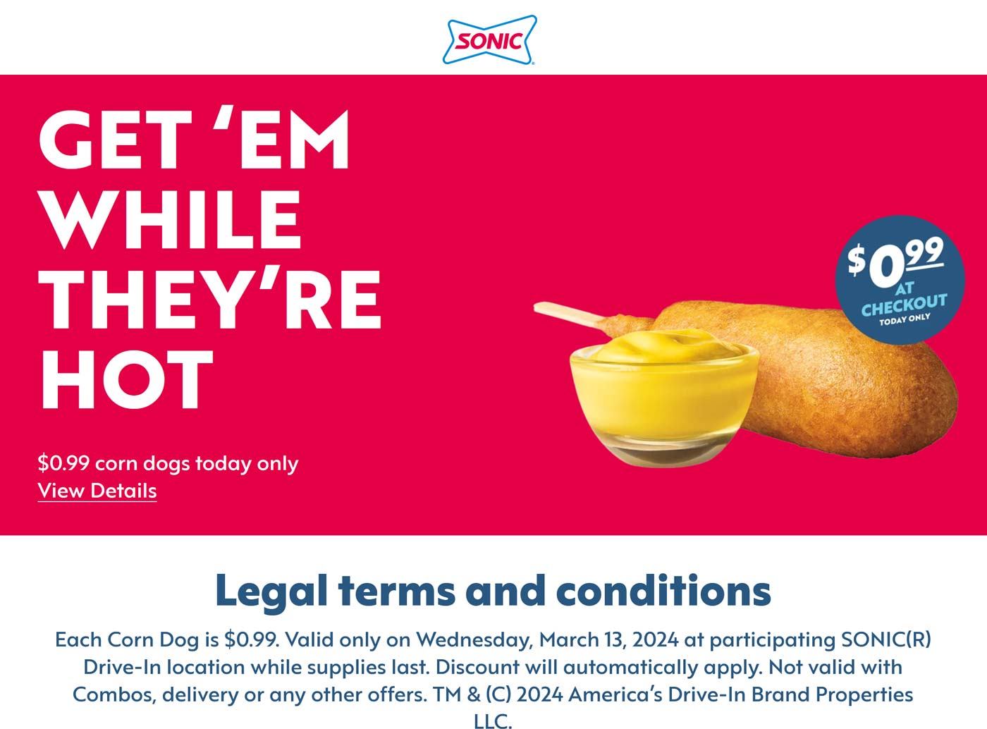 Sonic Drive-In restaurants Coupon  $1 corn dogs today at Sonic Drive-In restaurants #sonicdrivein 