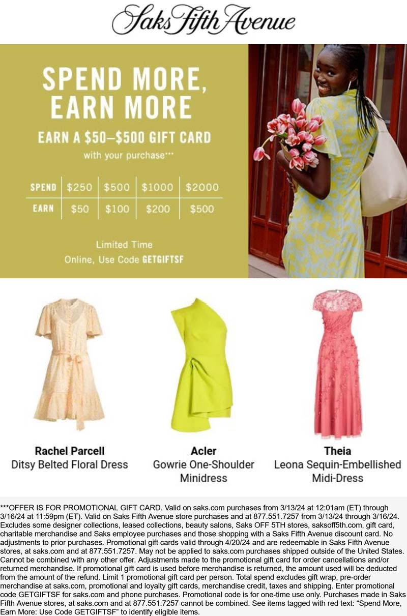 Saks Fifth Avenue stores Coupon  $50-$500 card on $250+ at Saks Fifth Avenue, or online via promo code GETGIFTSF #saksfifthavenue 