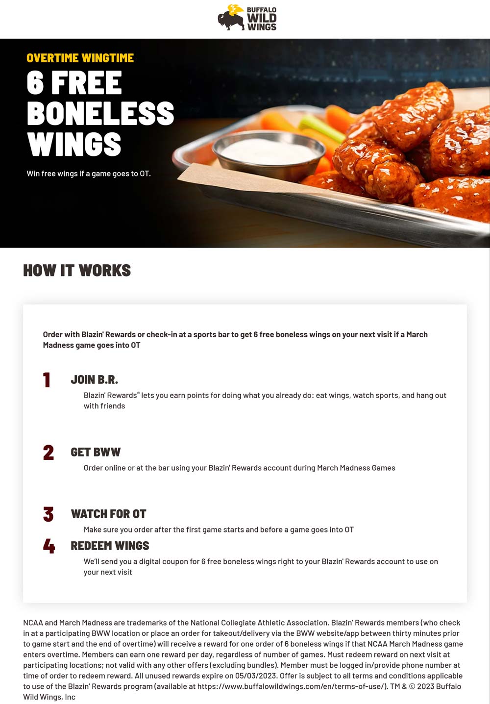 Buffalo Wild Wings restaurants Coupon  NCAA overtime = 6 free wings at Buffalo Wild Wings restaurants #buffalowildwings 