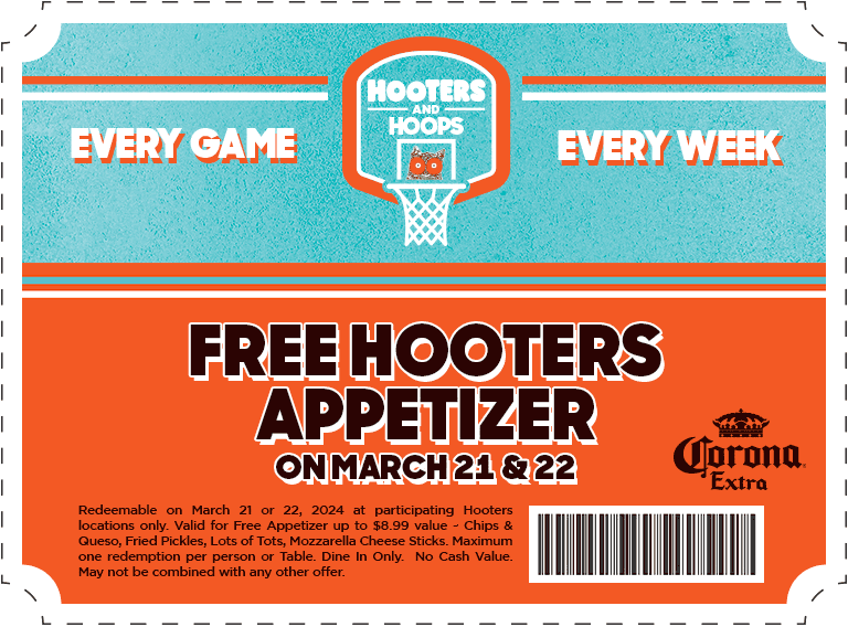 Hooters restaurants Coupon  Free appetizer Thurs & Fri at Hooters #hooters 