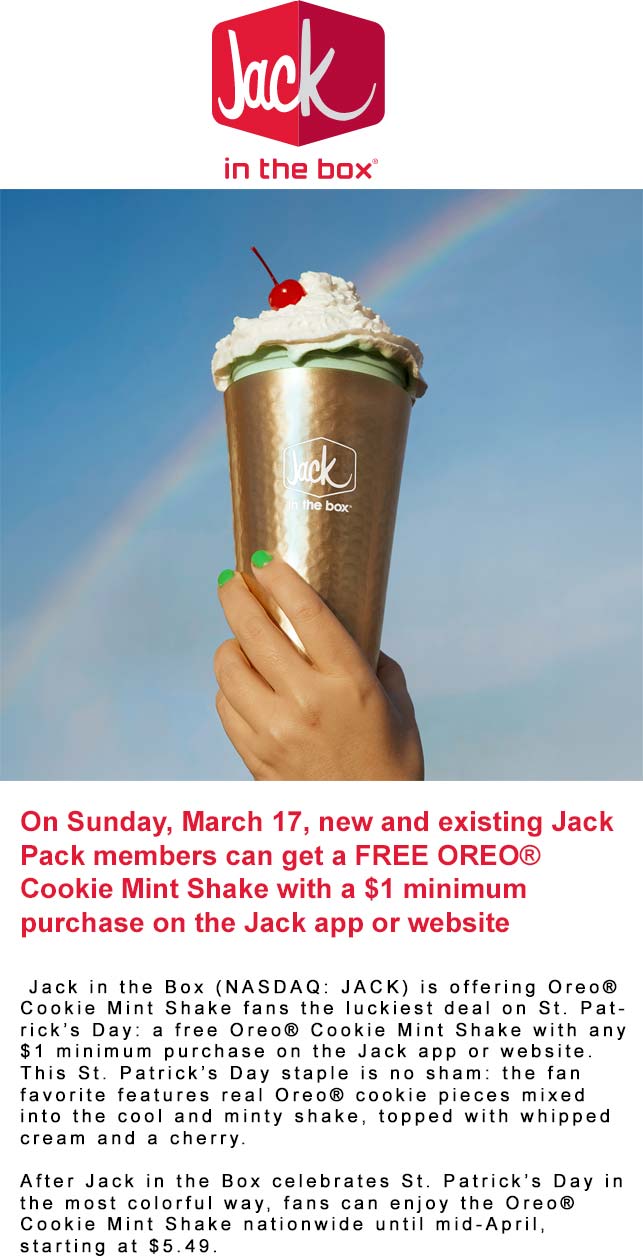 Jack in the Box restaurants Coupon  Free oreo cookie mint milkshake on $1 Sunday at Jack in the Box #jackinthebox 