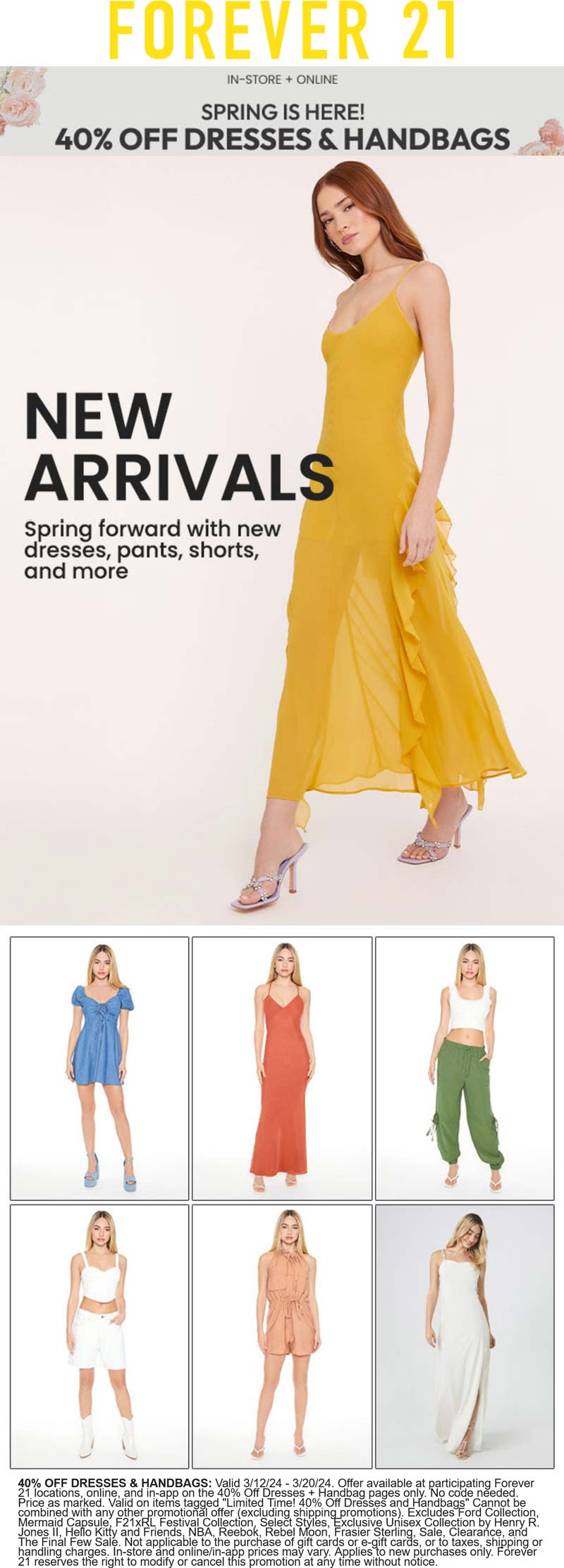 Forever 21 stores Coupon  40% off dresses & handbags at Forever 21, ditto online #forever21 