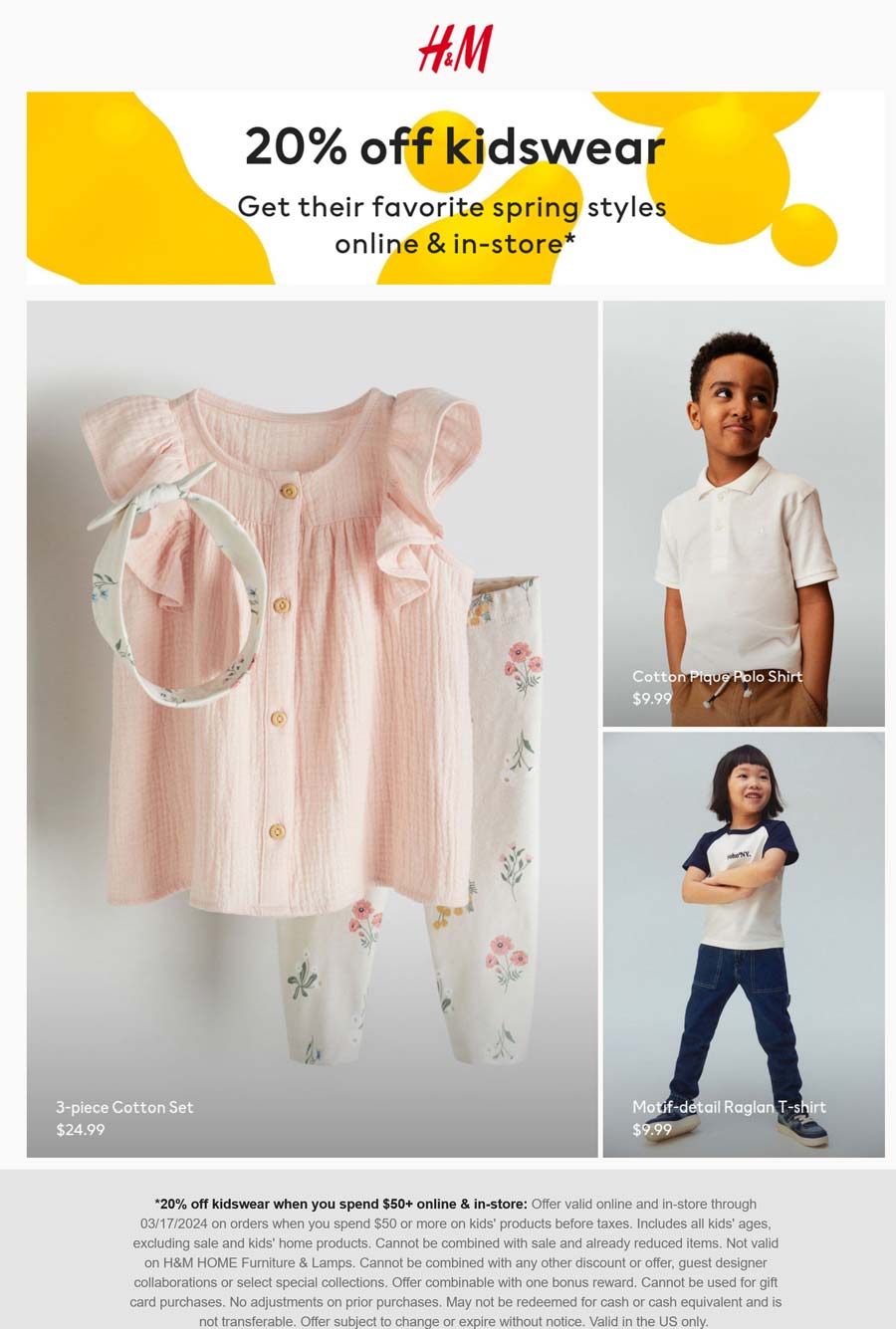 H&M stores Coupon  20% off $50 on kidswear today at H&M, ditto online #hm 