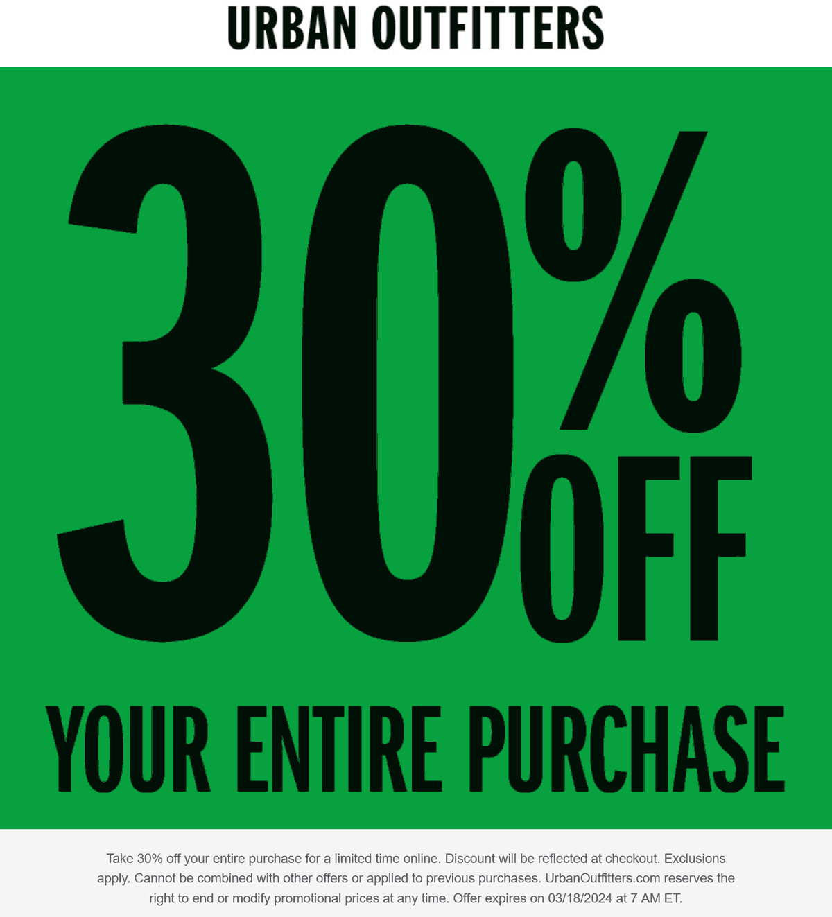 Urban Outfitters stores Coupon  30% off everything today at Urban Outfitters #urbanoutfitters 