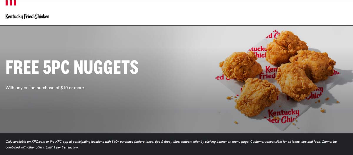 KFC restaurants Coupon  Free 5pc chicken nuggets on $10 online at KFC #kfc 