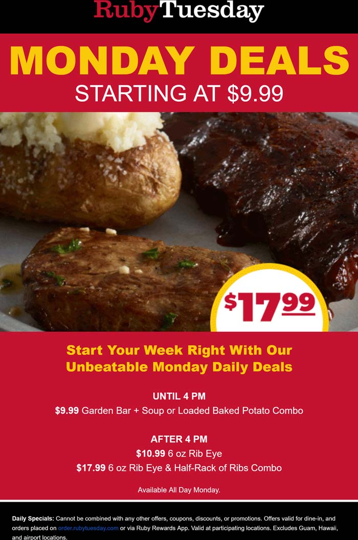 Ruby Tuesday restaurants Coupon  $10 garden bar til 4p & $11 rib eye after today at Ruby Tuesday #rubytuesday 