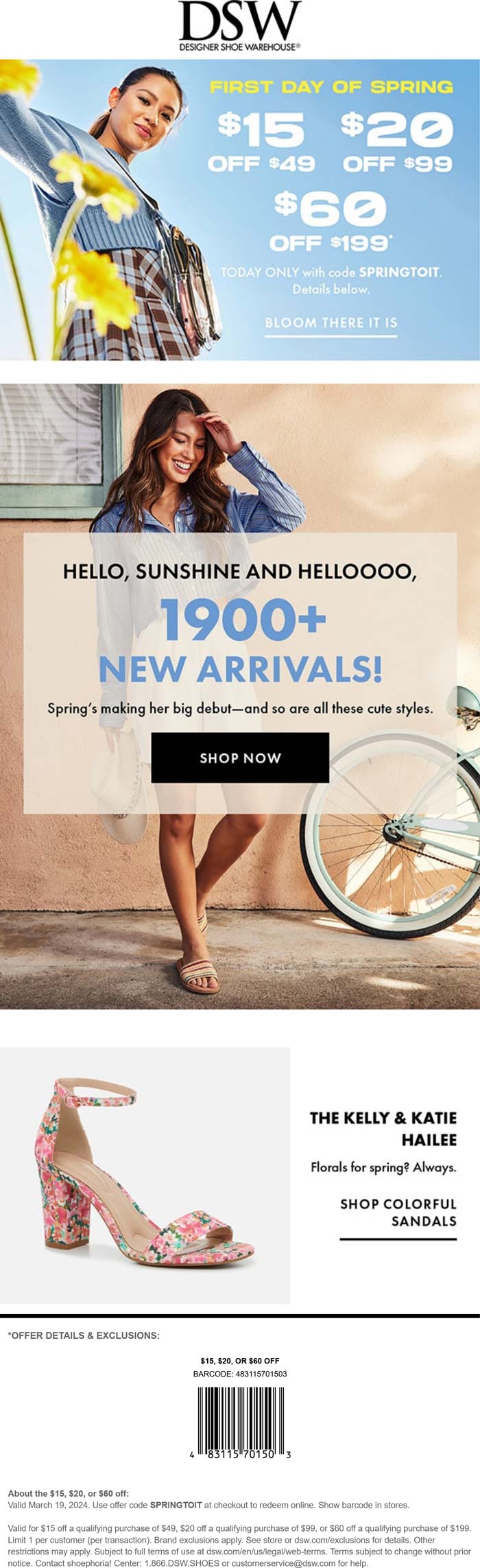 DSW stores Coupon  $15-$60 off $49+ today at DSW, or online via promo code SPRINGTOIT #dsw 