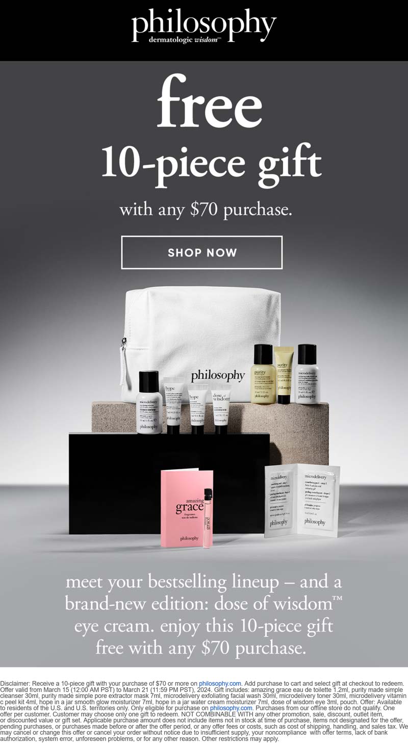 Philosophy stores Coupon  Free 10pc set on $70 at Philosophy #philosophy 