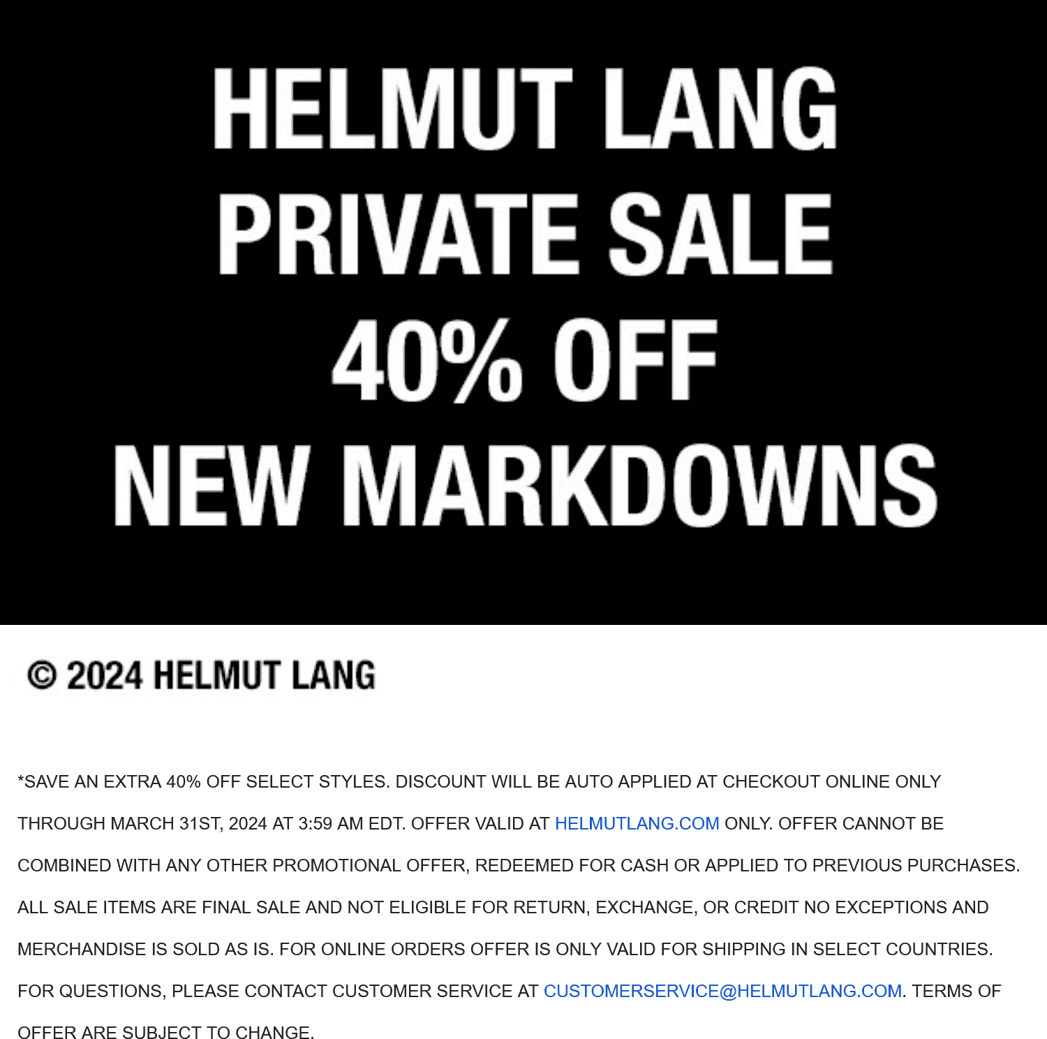 Helmut Lang stores Coupon  Extra 40% off sale styles online at Helmut Lang #helmutlang 