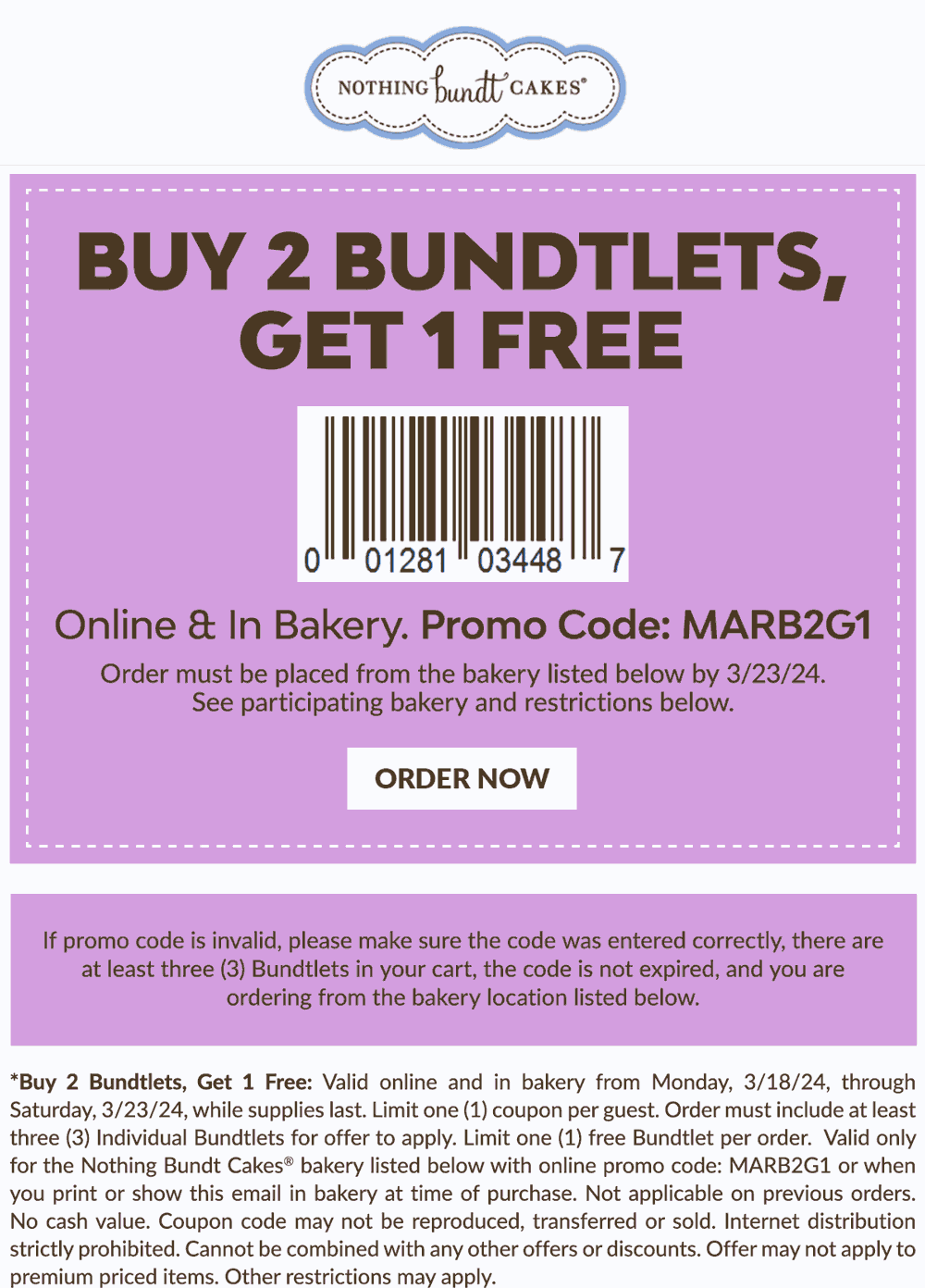 Nothing Bundt Cakes stores Coupon  3rd bundtlet free at Nothing Bundt Cakes, or online via promo code MARB2G1 #nothingbundtcakes 