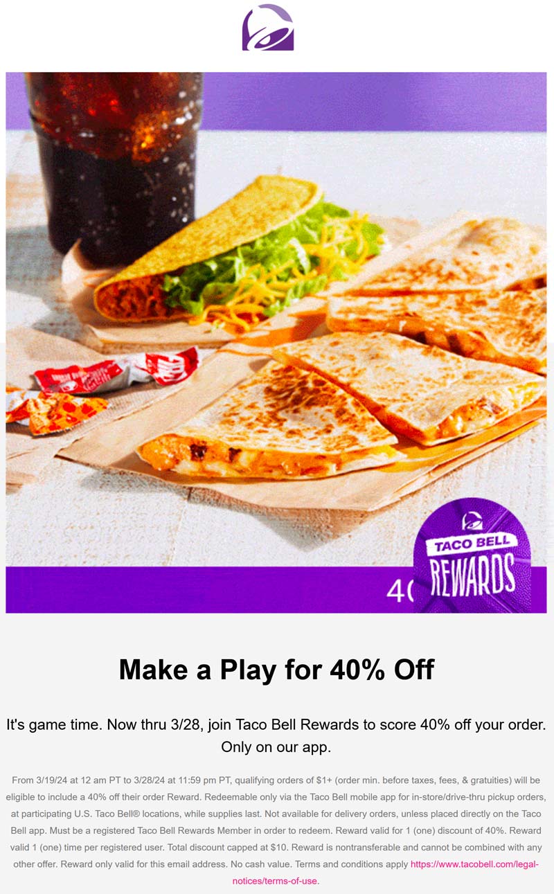 Taco Bell restaurants Coupon  40% off via mobile at Taco Bell #tacobell 