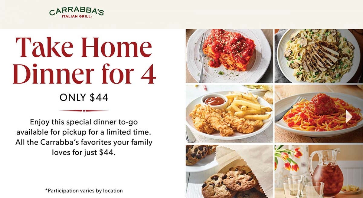 Carrabbas restaurants Coupon  Take home dinner for 4 = $44 at Carrabbas Italian Grill #carrabbas 