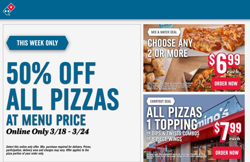 Dominos restaurants Coupon  50% off all pizzas online at Dominos #dominos 