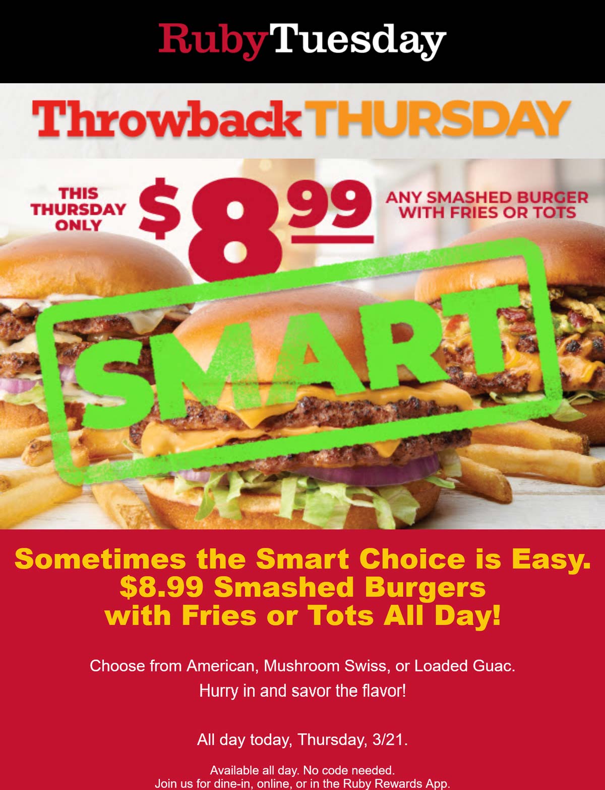Ruby Tuesday restaurants Coupon  Double cheeseburger + fries = $9 today at Ruby Tuesday #rubytuesday 