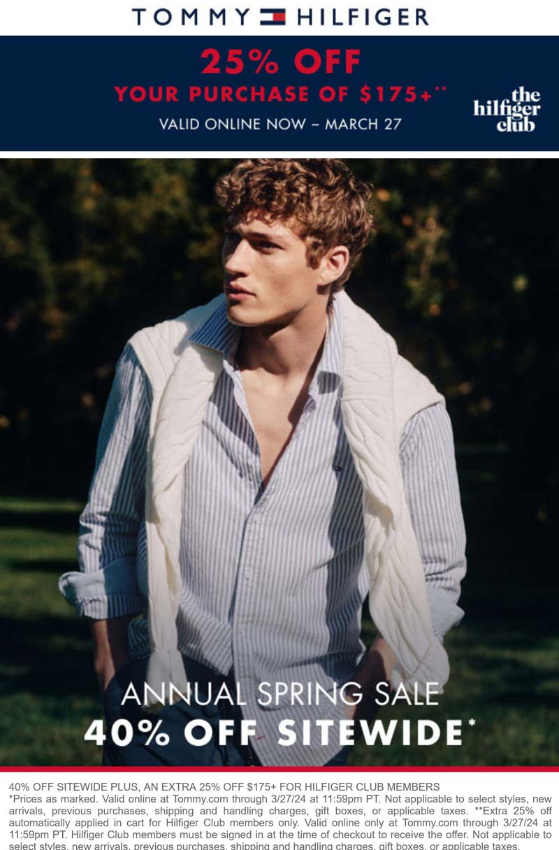 Tommy Hilfiger stores Coupon  40% off everything + extra 20% off $175 online at Tommy Hilfiger #tommyhilfiger 