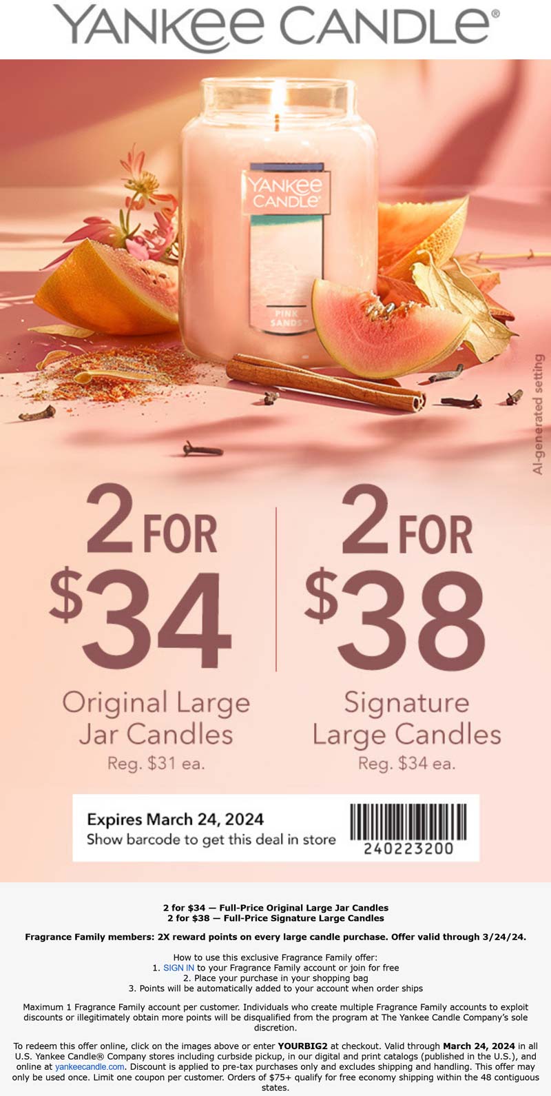 Yankee Candle stores Coupon  2 for $34 on large jar candles at Yankee Candle, or online via promo code YOURBIG2 #yankeecandle 