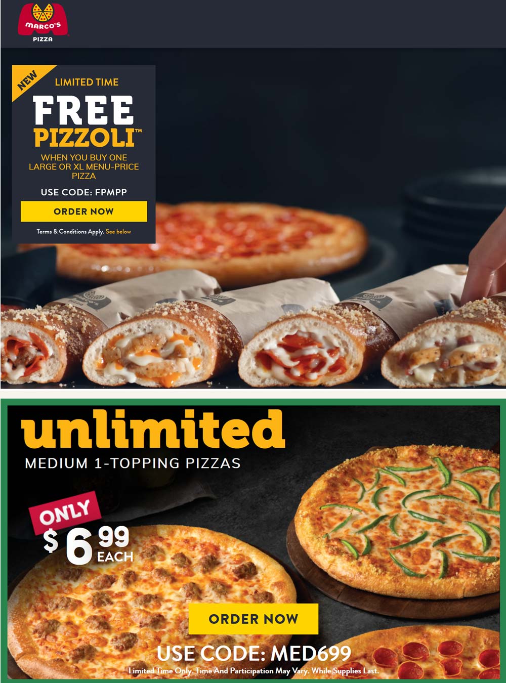 Marcos restaurants Coupon  Free pizzoli with your large at Marcos Pizza via promo code FPMPP #marcos 