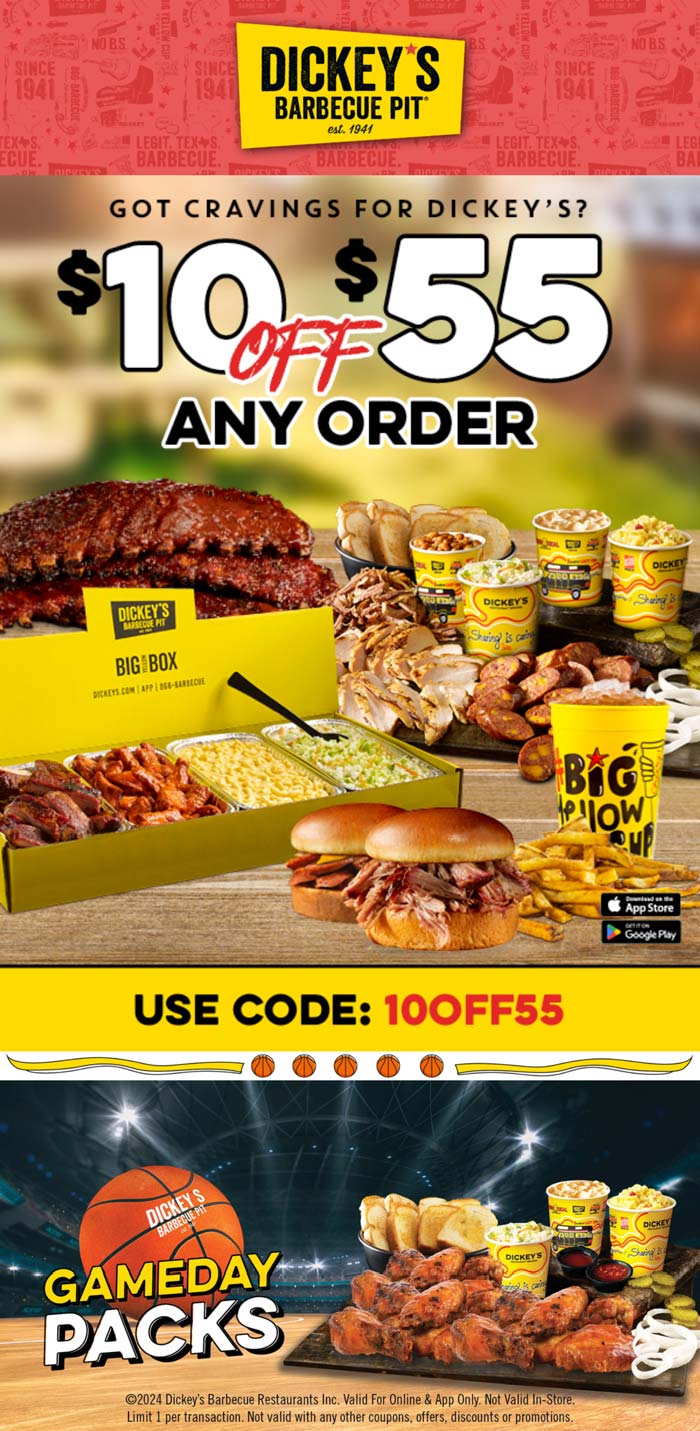 Dickeys Barbecue Pit stores Coupon  $10 off $55 online at Dickeys Barbecue Pit via promo code 10OFF55 #dickeysbarbecuepit 