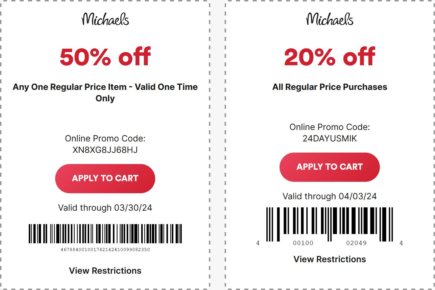 Michaels stores Coupon  50% off a single item at Michaels, or online via promo code XN8XG8JJ68HJ #michaels 