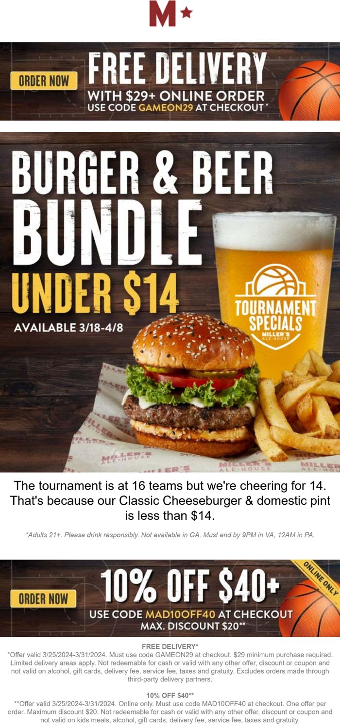 Millers Ale House restaurants Coupon  Cheeseburger + beer + fries = $14 & more at Millers Ale House #millersalehouse 