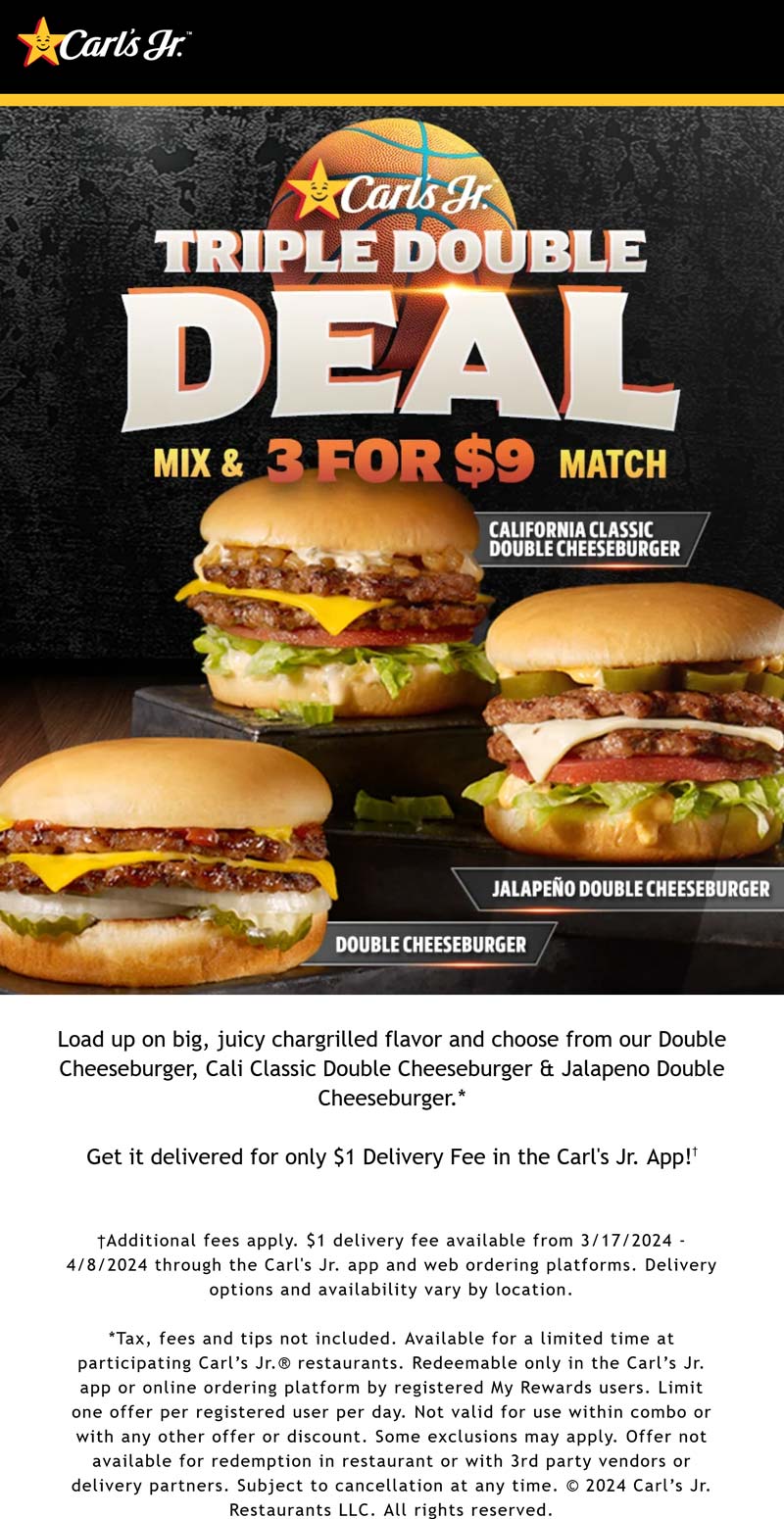 Carls Jr restaurants Coupon  3 double cheeseburgers = $9 online at Carls Jr restaurants #carlsjr 