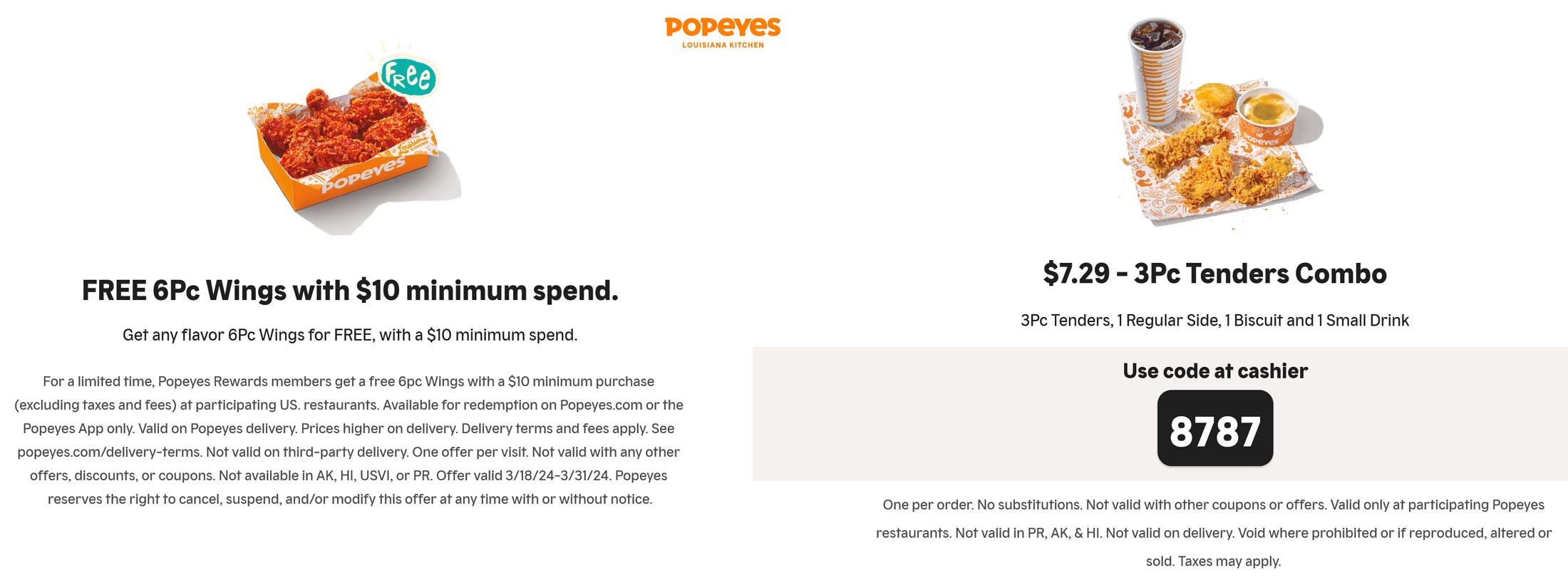 Popeyes restaurants Coupon  Free 6pc wings on $10 & more at Popeyes restaurants #popeyes 