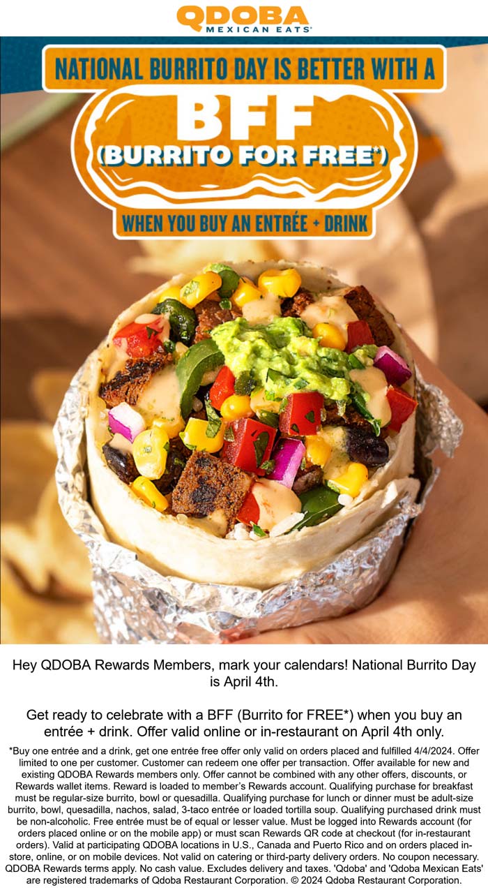 Qdoba restaurants Coupon  Second burrito free the 4th at Qdoba #qdoba 