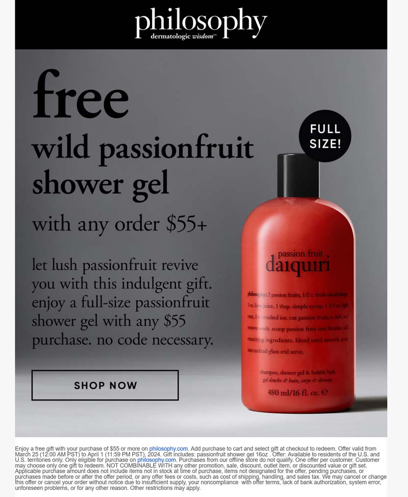 Philosophy stores Coupon  Free full size shower gel on $55 at Philosophy #philosophy 