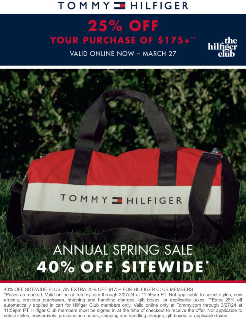 Tommy Hilfiger stores Coupon  40% off everything online + 25% off $175 today at Tommy Hilfiger #tommyhilfiger 
