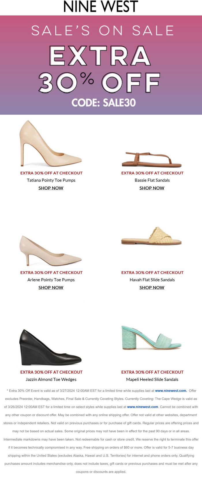 Nine West stores Coupon  Extra 30% off sale items at Nine West via promo code SALE30 #ninewest 