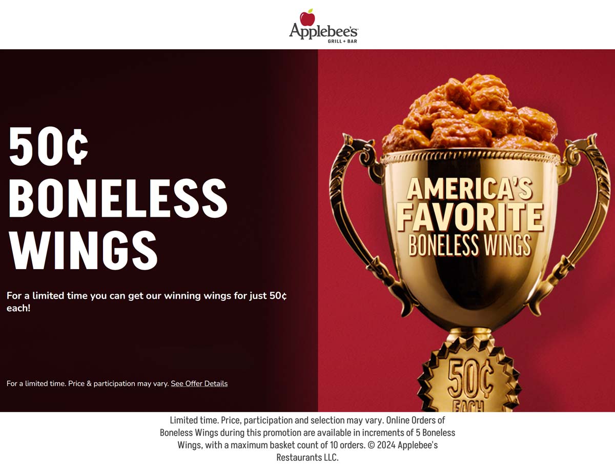 Applebees restaurants Coupon  .50 cent wings at Applebees restaurants #applebees 
