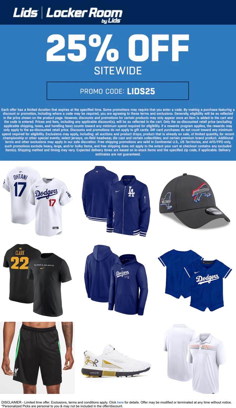 Lids stores Coupon  25% off everything online today at Lids via promo code LIDS25 #lids 