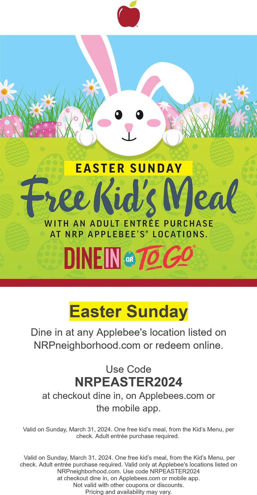 Applebees restaurants Coupon  Free kids meal with yours Sunday at Applebees, or online via promo code NRPEASTER2024 #applebees 
