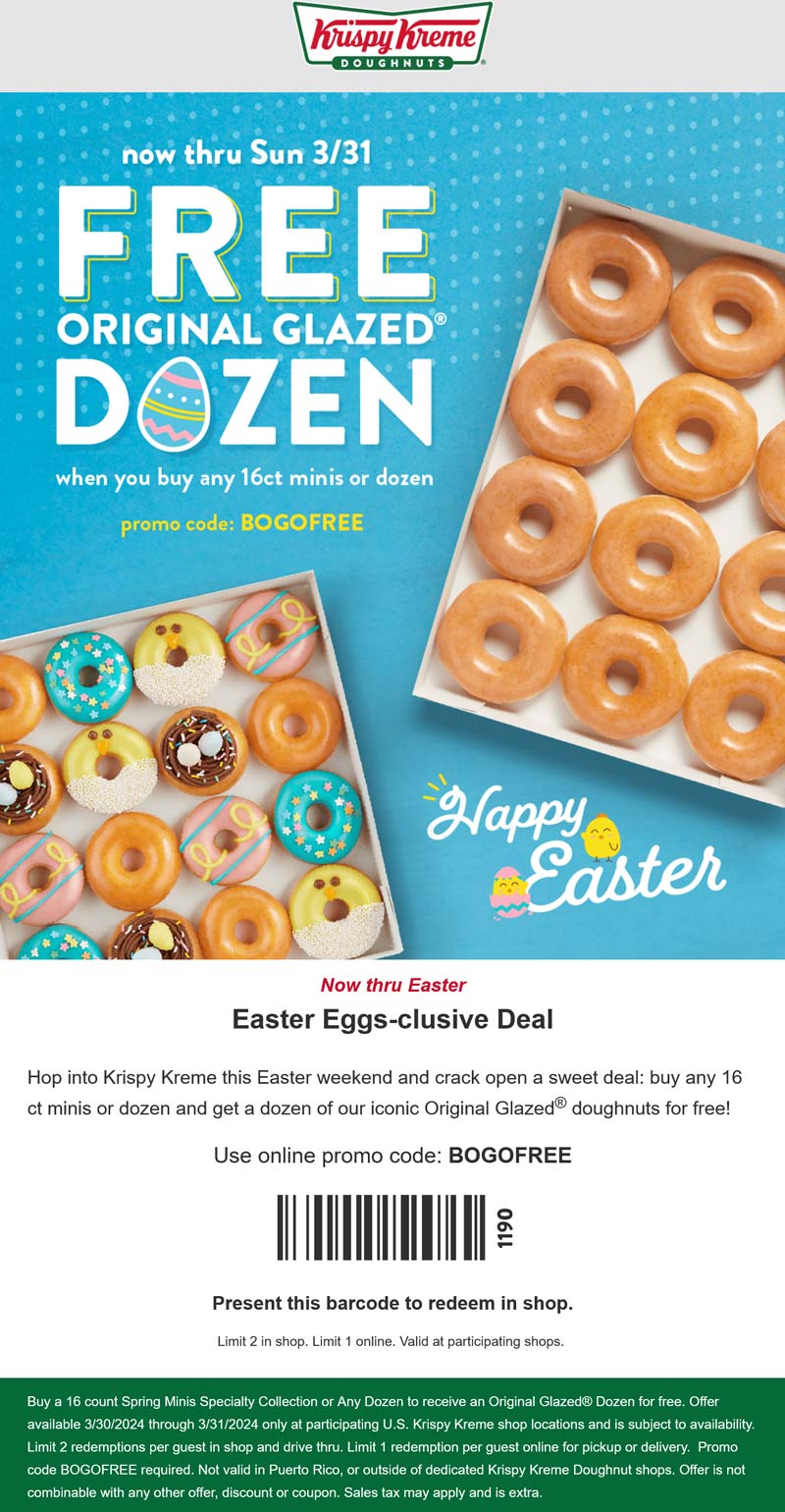Krispy Kreme restaurants Coupon  Second dozen doughnuts free at Krispy Kreme, or online via promo code BOGOFREE #krispykreme 