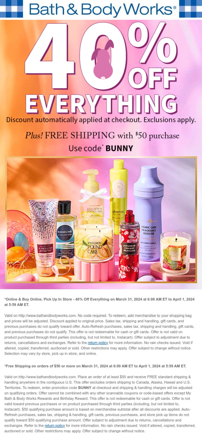 Bath & Body Works stores Coupon  40% off everything online today at Bath & Body Works #bathbodyworks 
