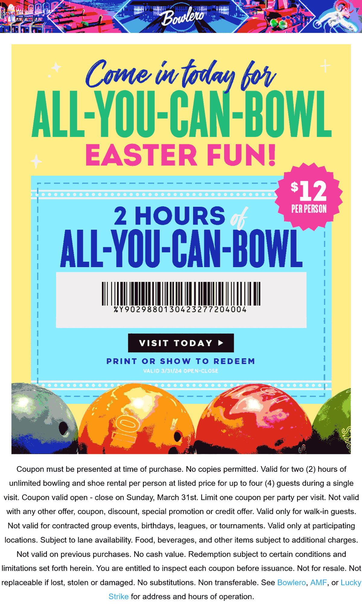 Bowlero stores Coupon  $12 for 2 hrs bowling today at Bowlero #bowlero 