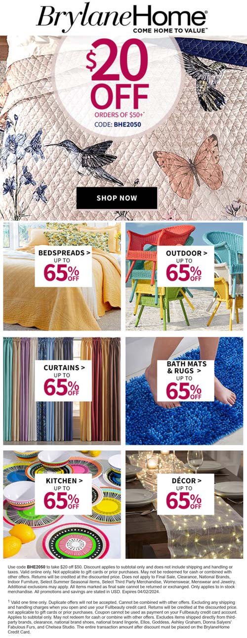 Brylane Home stores Coupon  $20 off $50 at Brylane Home via promo code BHE2050 #brylanehome 