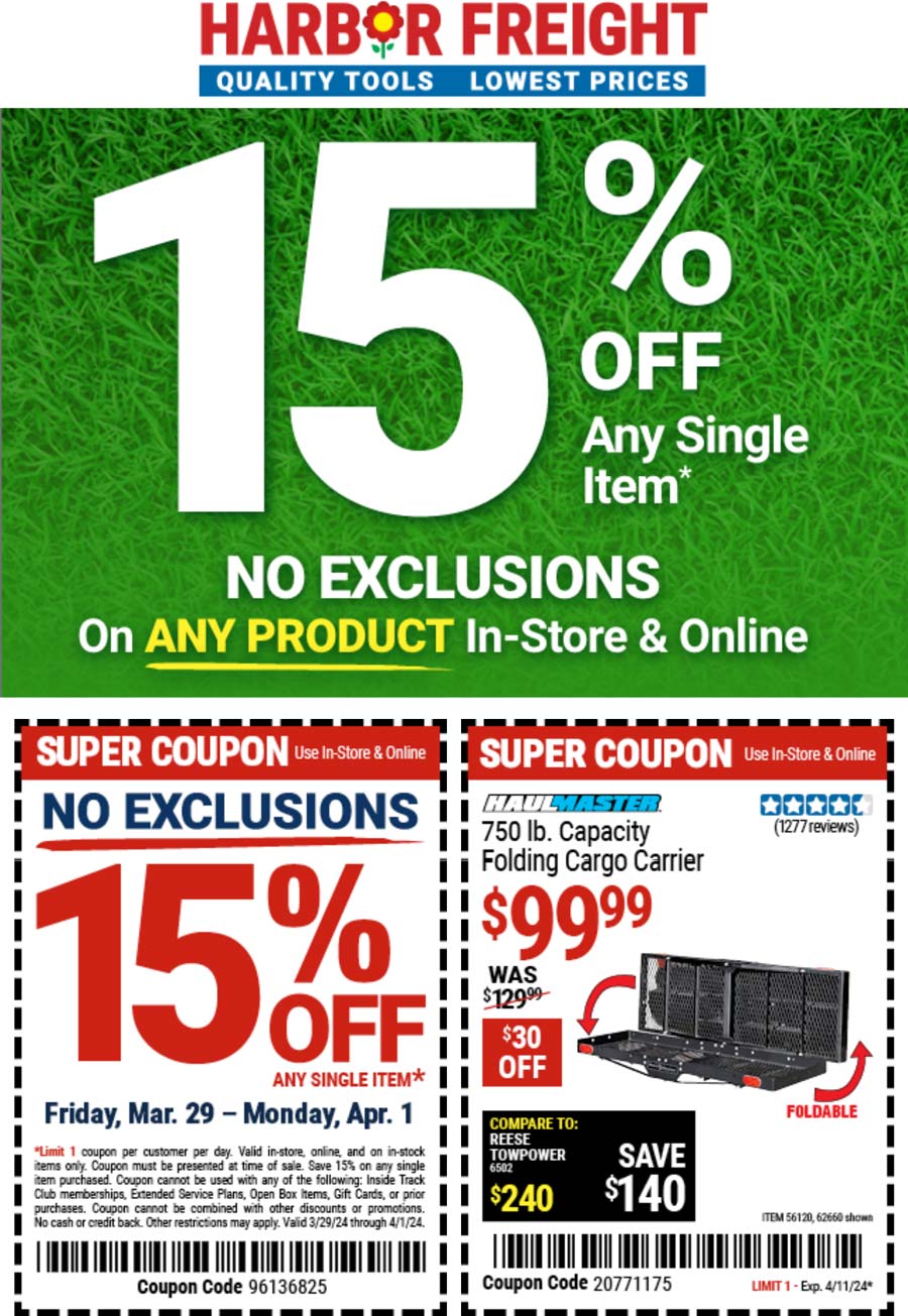 Harbor Freight stores Coupon  15% off any item at Harbor Freight, or online via promo code 96136825 #harborfreight 