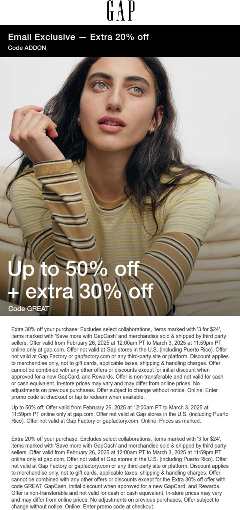 Gap stores Coupon  Extra 20-50% off at Gap via promo code GREAT #gap 